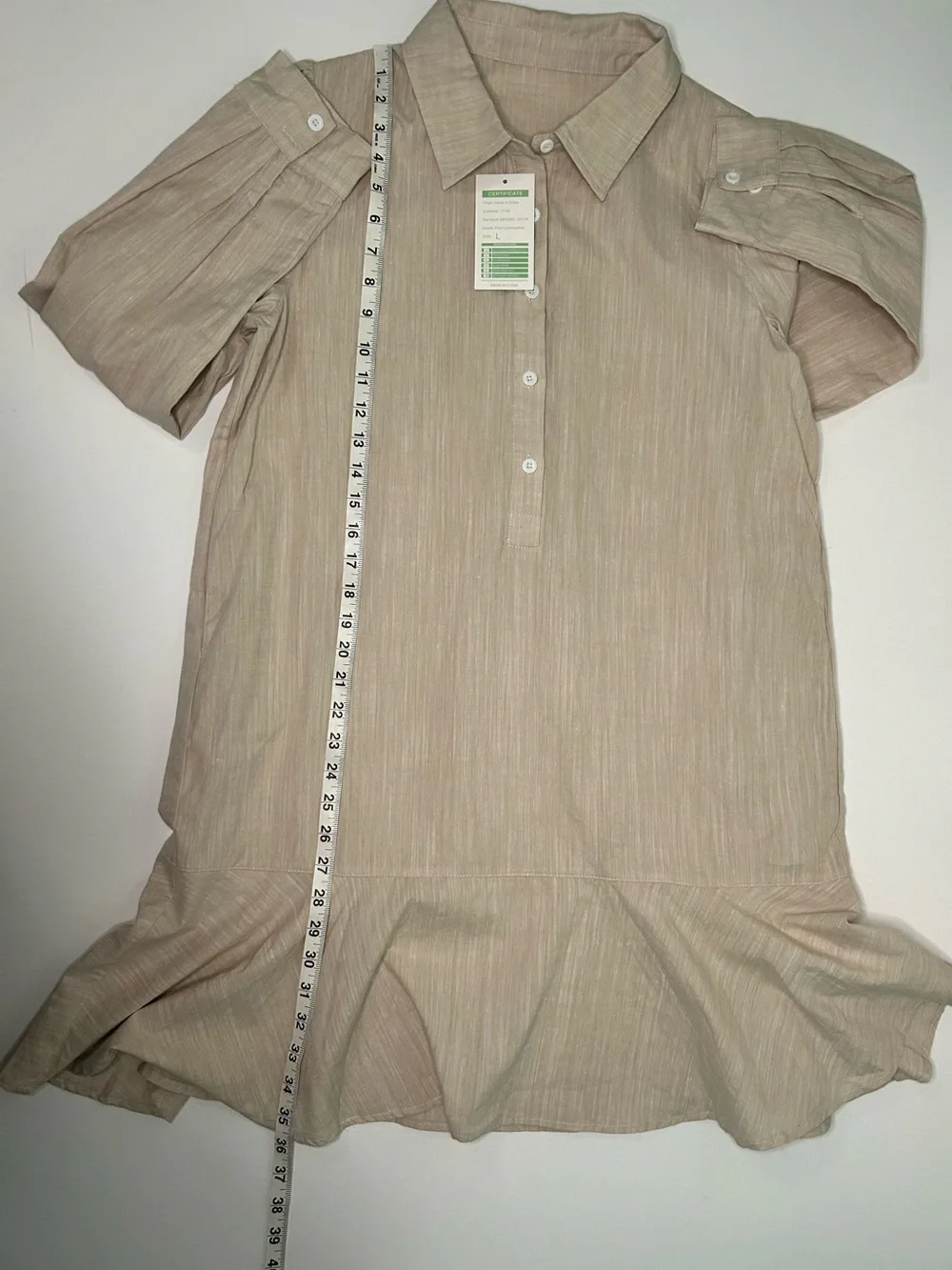 Linen Blend Ruffle Hem Long Sleeve Shift Shirt Dress Beige Neutral Boutique Lrg - Picture 8 of 8